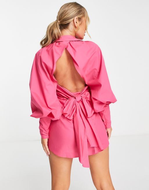 ASOS LUXE poplin shirt dress with puff sleeves in hot pink