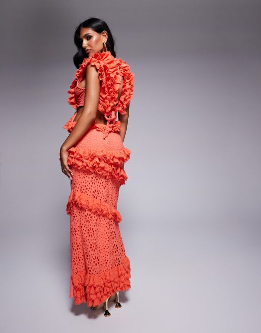 ASOS LUXE Premium broderie ruffle plunge maxi dress in coral, 4 of 4