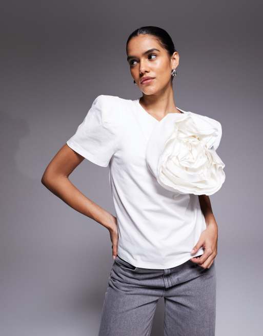 ASOS LUXE premium corsage t-shirt in white, 4 of 4