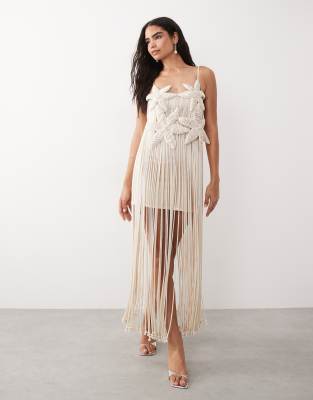 Asos Luxe Premium Crochet Flower Maxi Dress With Shell Detail In Neutral