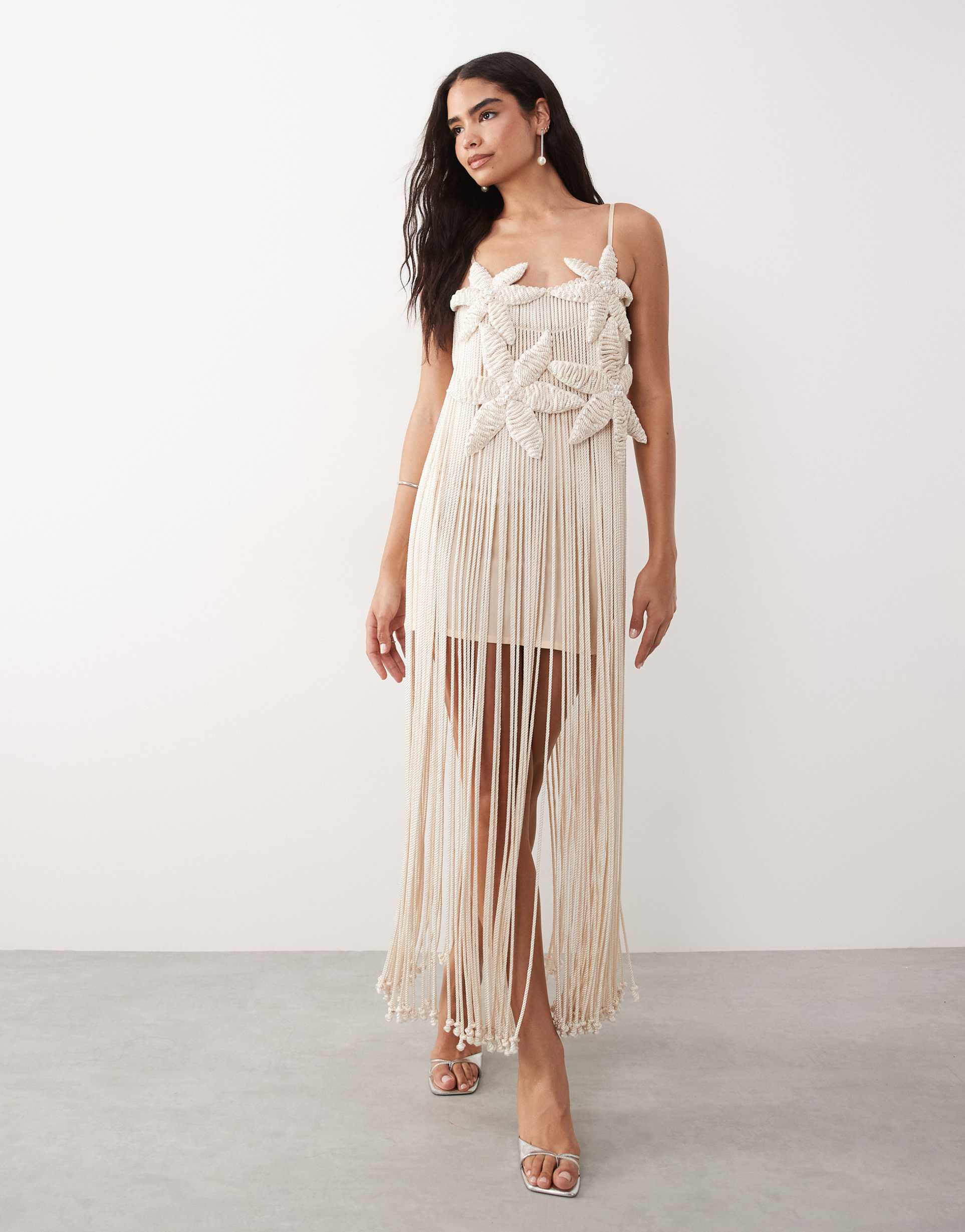 asos luxe premium crochet flower maxi dress with shell detail in cream
