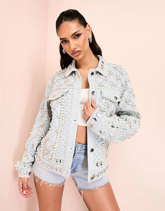 ASOS LUXE - premium embellished denim jacket with encrusted diamante and pearl detail  in mid wash blue