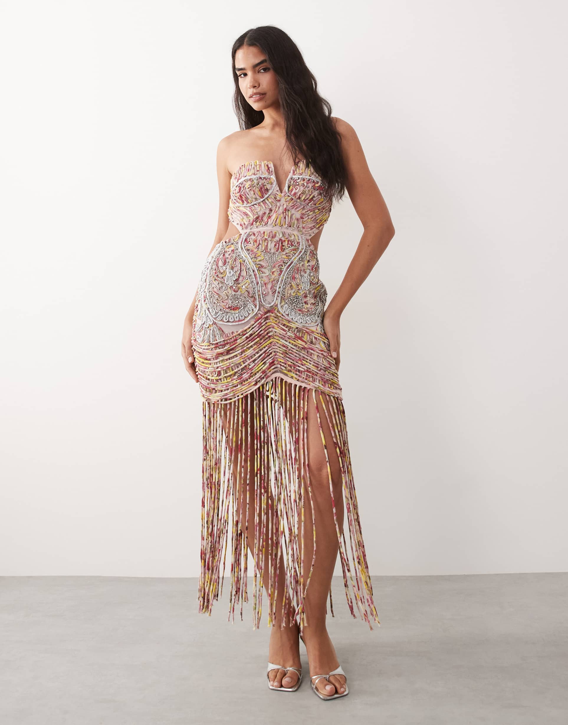 asos luxe premium embroidered fringed cupped maxi dress in pink