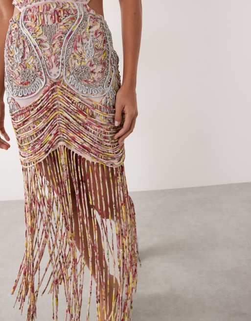 ASOS LUXE - Premium - Pink maxikjole med skåle og broderi samt frynser, 4 af 4