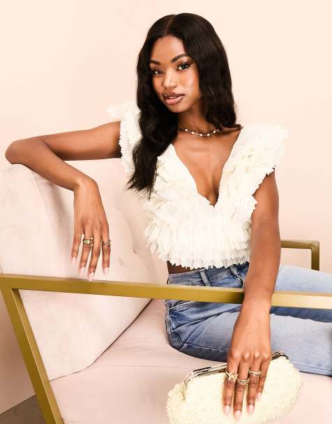 ASOS LUXE Premium ruffle plunge top in layered pleated satin in white - view 1
