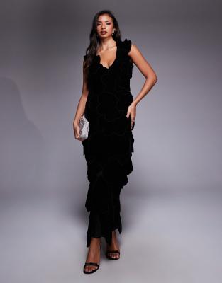 ASOS LUXE - Premium - Samt-Maxikleid in Schwarz mit 3D-Blumen