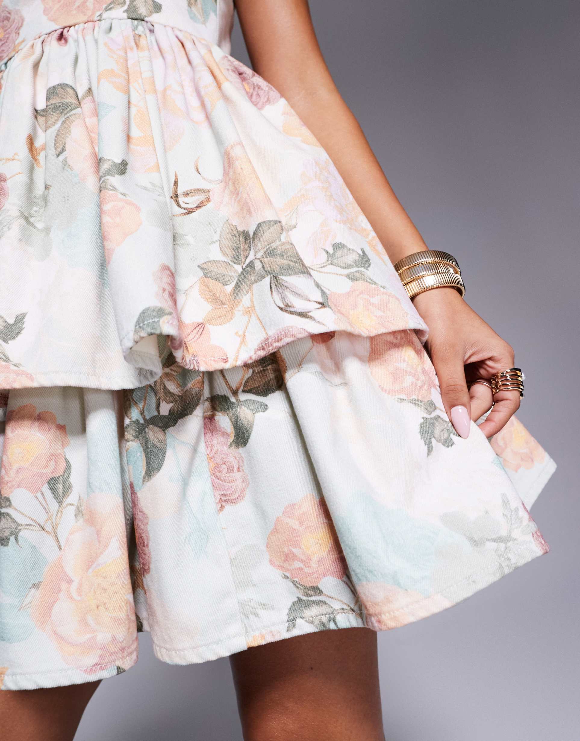 asos luxe printed denim baby doll mini dress in rose print