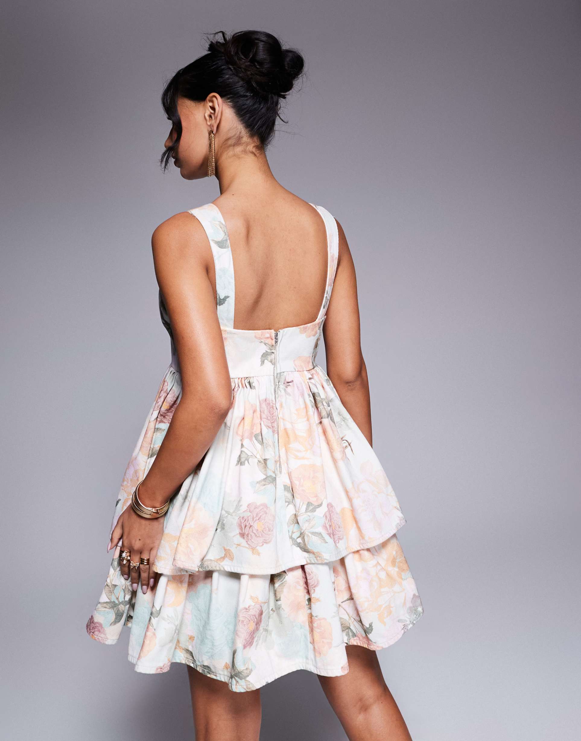 asos luxe printed denim baby doll mini dress in rose print