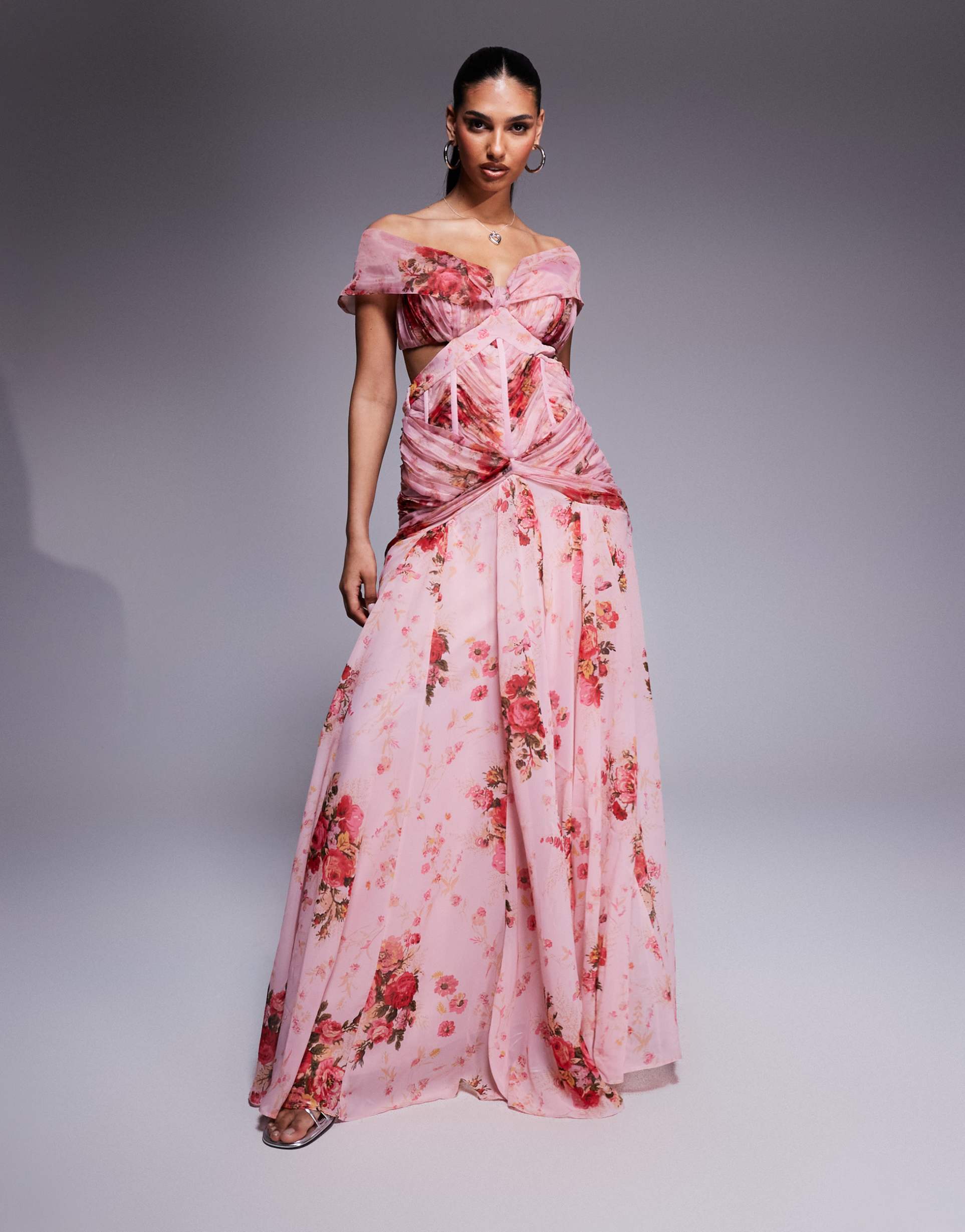 asos luxe printed organza and chiffon maxi dress in floral print