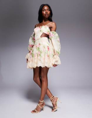 printed skater mini dress with lace cut out in buttermilk floral-Yellow