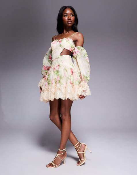 ASOS LUXE printed skater mini dress with lace cut out in buttermilk floral - view 1