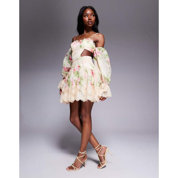 asos floral skater dress ASOS LUXE printed skater mini dress with lace cut out in buttermilk floral