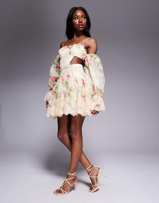 ASOS LUXE printed skater mini dress with lace cut out in buttermilk floral