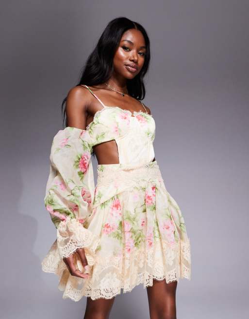 ASOS LUXE printed skater mini dress with lace cut out in buttermilk floral
