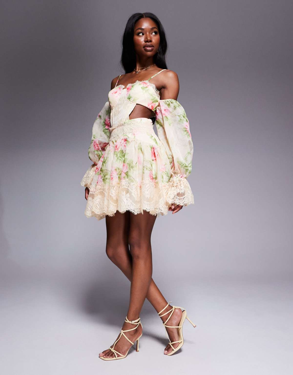 ASOS LUXE printed skater mini dress with lace cut out in buttermilk Yellow