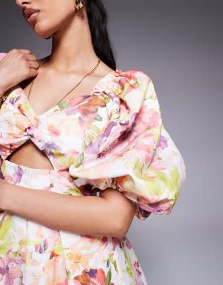 Asos Luxe Printed Twisted Front Puff Sleeve Skater In White