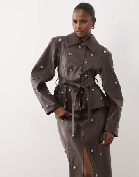 ASOS LUXE PU blazer-co-ord met studs en riem in chocoladebruin - view 1