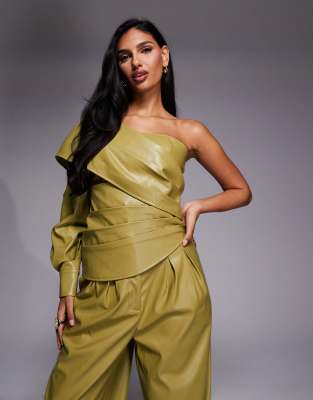 Asos Luxe Pu Co-ord One Shoulder Pleated Top In Green