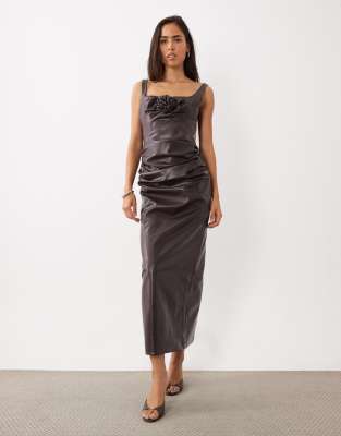 Asos Luxe Pu Corsage Midi Dress With Drape Skirt In Brown