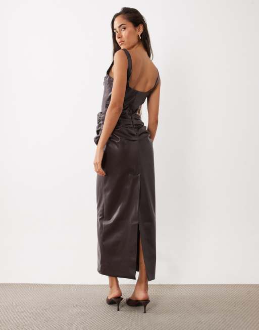 ASOS LUXE PU corsage midikjole med draperet skørt i blomme, 4 af 4