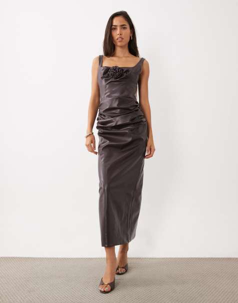ASOS LUXE PU-corsage midiklänning med draperad kjol i plommon - view 1
