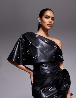 Asos Luxe Pu Corset Top With Embellishment And Frill Overlayer In Black