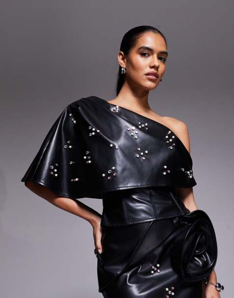 ASOS LUXE PU corset top with embellishment and frill overlayer in black