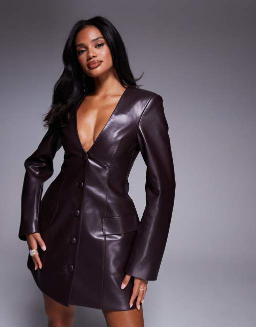 ASOS LUXE - PU getailleerde mini jurk in chocoladebruin, 2 van 4