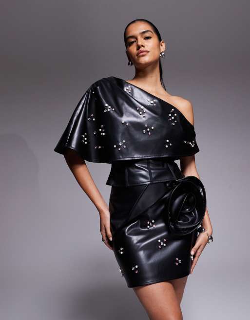 ASOS LUXE PU mini skirt with embellishment and corsage in black - part of a set