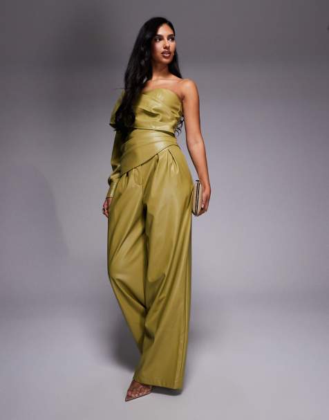ASOS LUXE PU one shoulder pleated top and wide leg pants set in olive green - view 1
