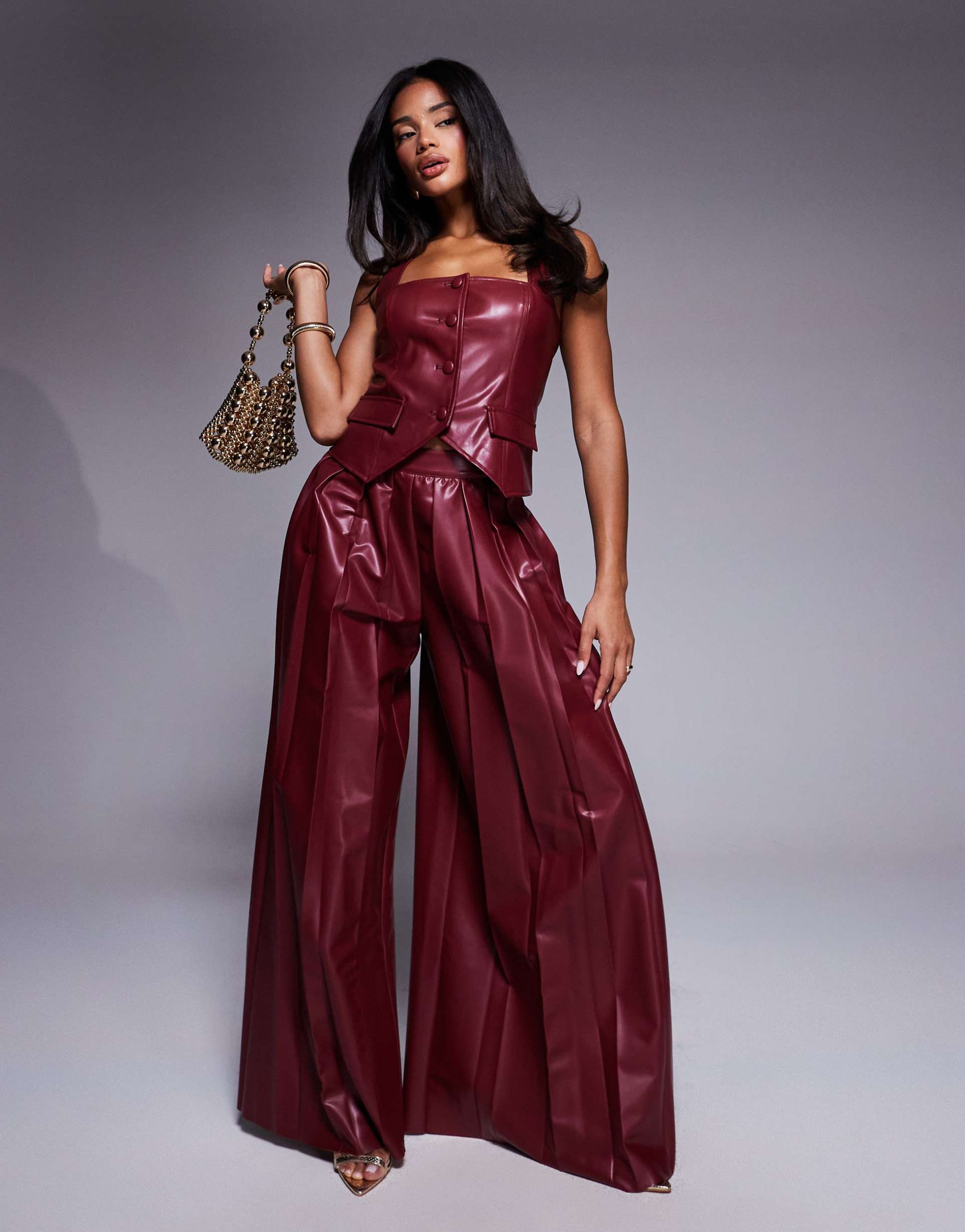 asos luxe pu pleated pants in dark cherry - part of a set