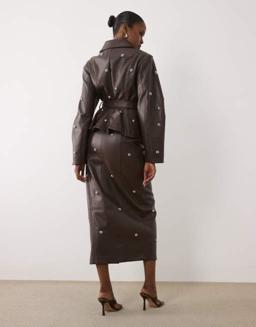 ASOS LUXE PU rok met studs in chocoladebruin, 2 van 5
