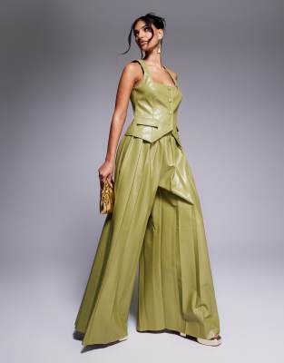 PU super wide leg pleated pants in olive - part of a set-Green