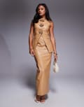 [ASOS LUXE] ASOS LUXE PU tailored skirt with split back in tan (part of a set)-Brown 16 TAN