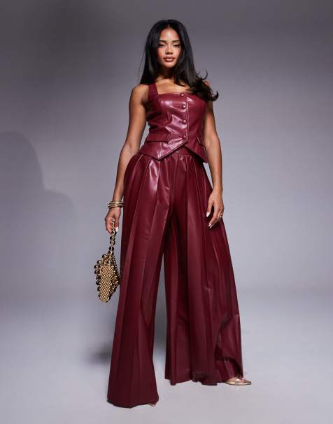ASOS LUXE PU vest and pants set in dark cherry - view 1