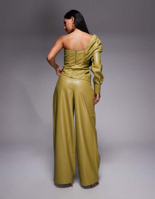 ASOS LUXE PU wide leg pleated pants in olive green - part of a set, 4 of 5