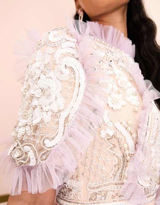 ASOS LUXE - Pudderfarvet minikjole med udsmykning og mesh-detaljer, 2 af 4