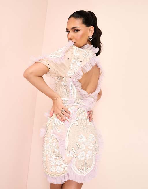 ASOS LUXE - Pudderfarvet minikjole med udsmykning og mesh-detaljer, 3 af 4