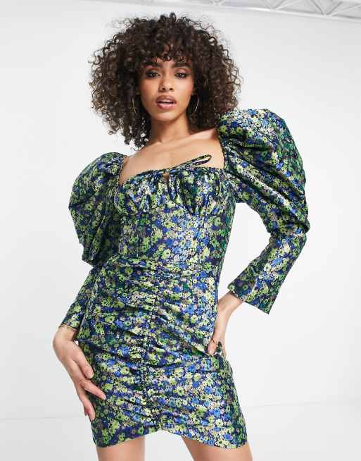 ASOS LUXE puff sleeve corset dress in ditsy floral jacquard | ASOS