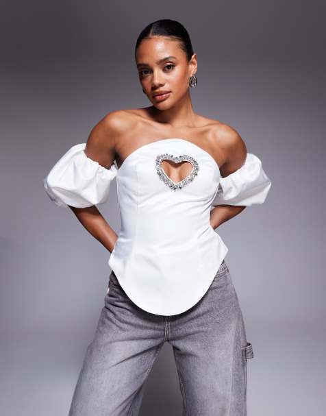 ASOS LUXE puff sleeve embellished heart cut out top in white - view 1