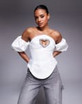 [ASOS LUXE] ASOS LUXE puff sleeve embellished heart cut out top in white 18 WHITE