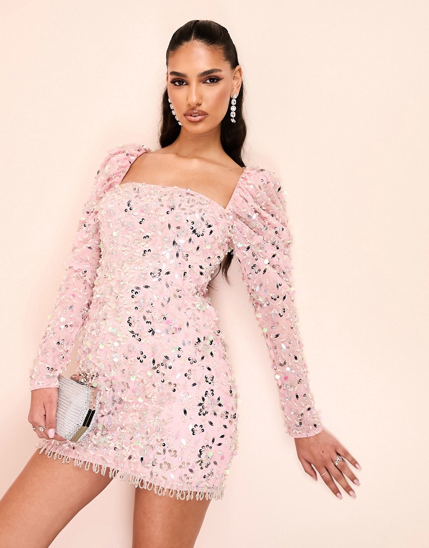 ASOS LUXE puff sleeve embellished mini dress in pink