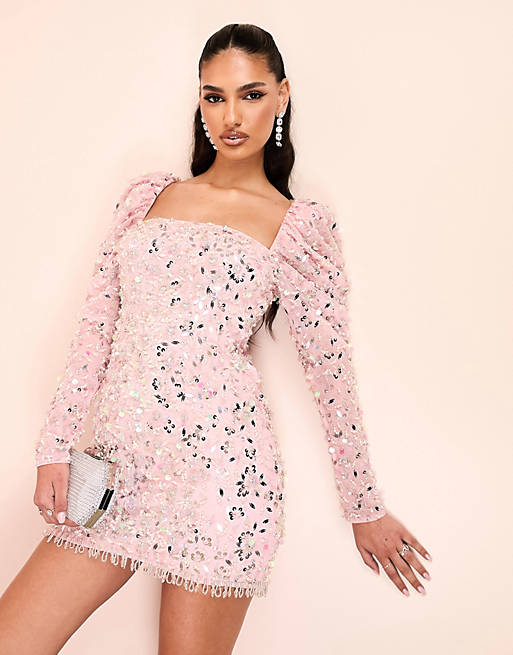ASOS LUXE puff sleeve embellished mini dress in pink | ASOS