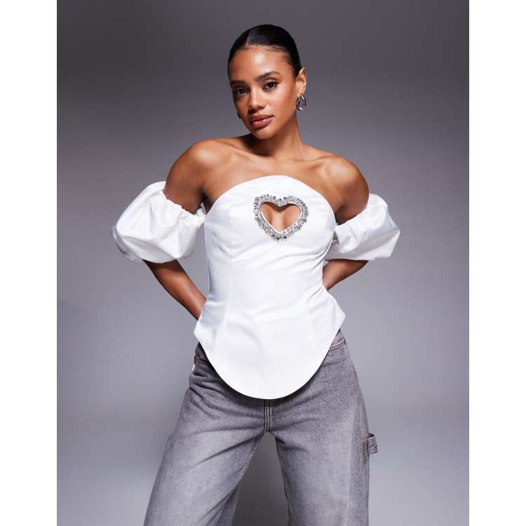 ASOS LUXE puff sleeve heart cut out bonded satin bandeau top