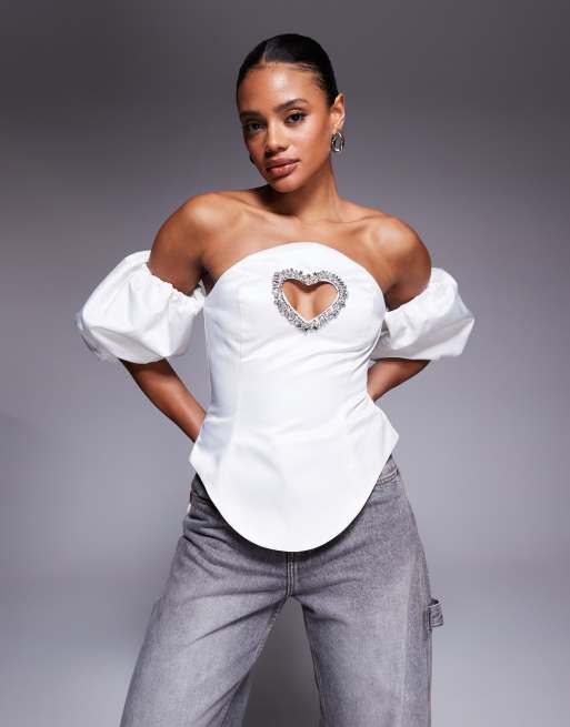 ASOS LUXE puff sleeve heart cut out bonded satin bandeau top in white