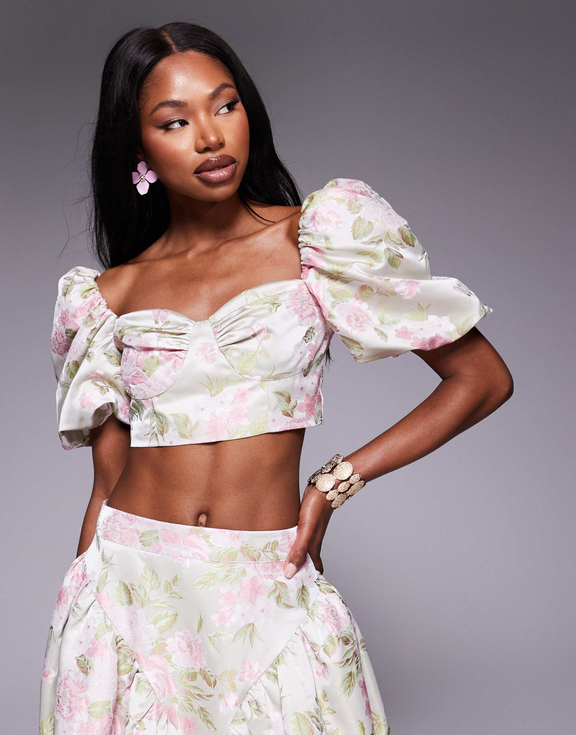 asos luxe puff sleeve top in tulip jacquard - part of a set