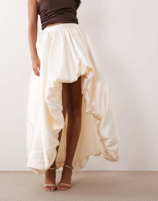 ASOS LUXE puffball asymmetric hem maxi skirt in ivory, 2 of 5
