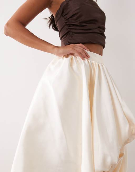 ASOS LUXE puffball asymmetric hem maxi skirt in ivory, 4 of 5