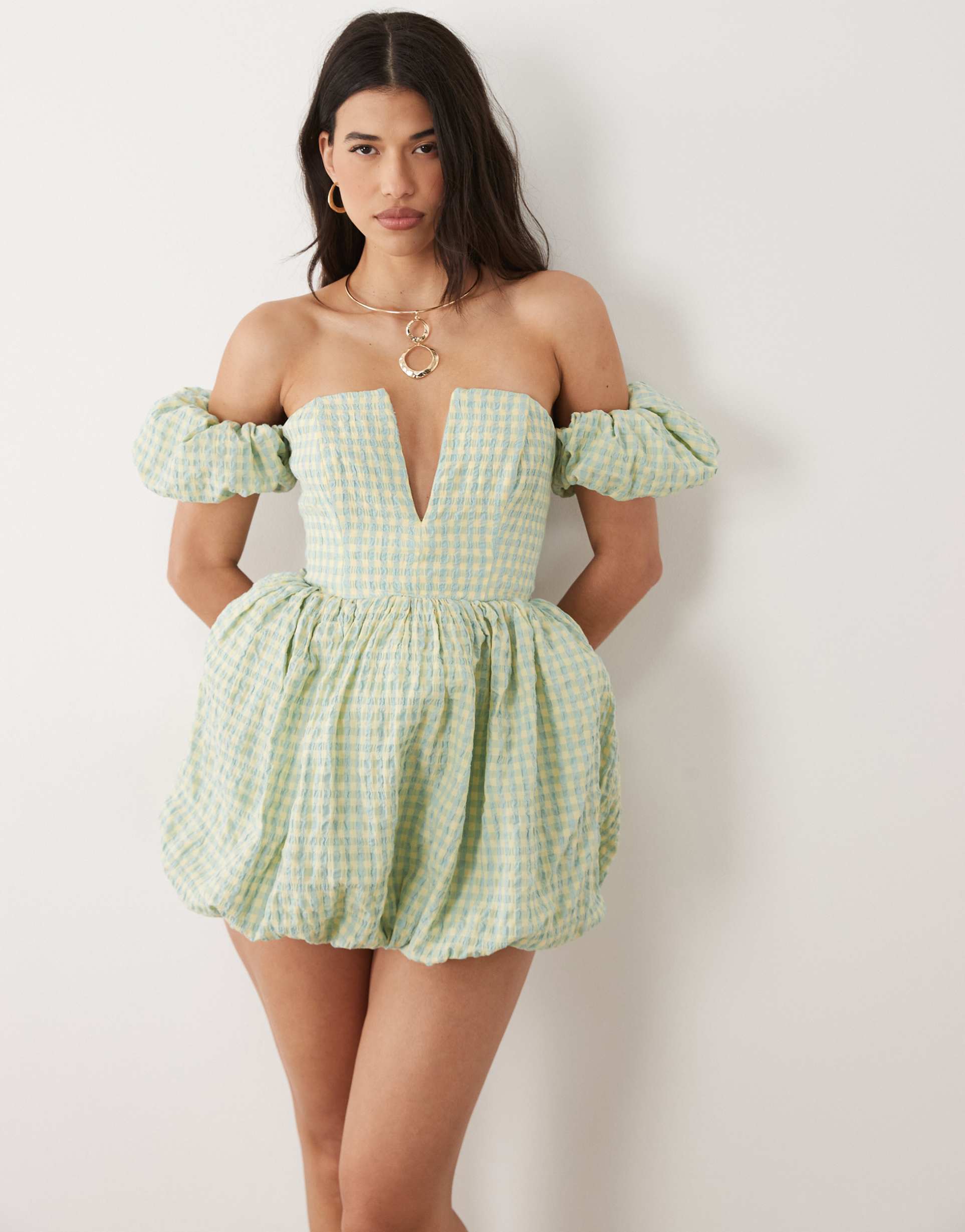 asos luxe puffball mini dress in blue and yellow gingham