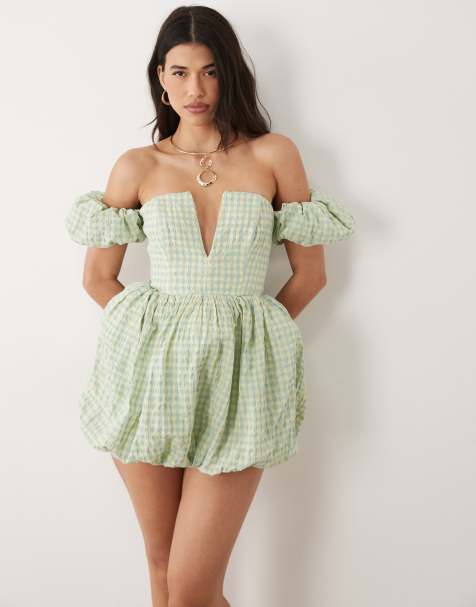 ASOS LUXE puffball minikjole i blå og gul gingham-tern - view 1